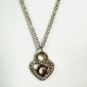 Guess Gold Tone Rhinestone Heart Lock Logo G Letter Necklace 19-21" Adjustable